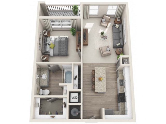 Floor plan for 1 bed, 1 bath, 748 sqft