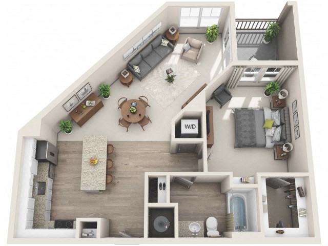 Floor plan for 1 bed, 1 bath, 768 sqft