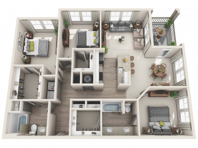 Floor plan for 3 beds, 2 baths, 1435 sqft