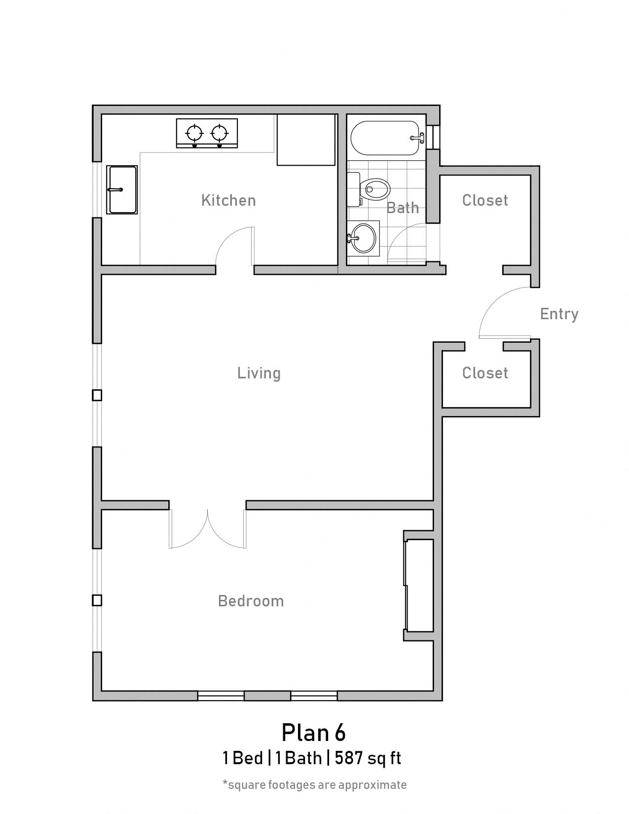 Floor plan for 1 bed, 1 bath, 587 sqft