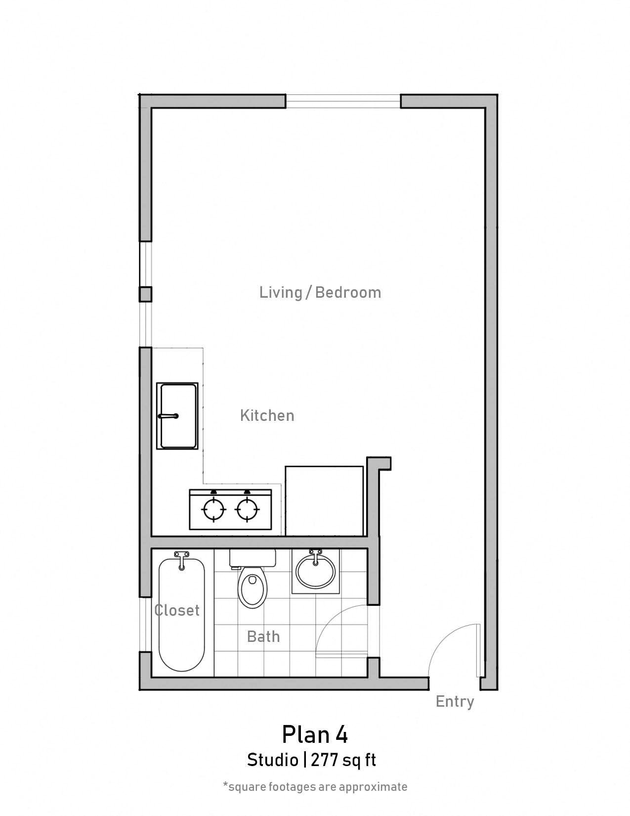 Floor plan for studio, 1 bath, 277 sqft