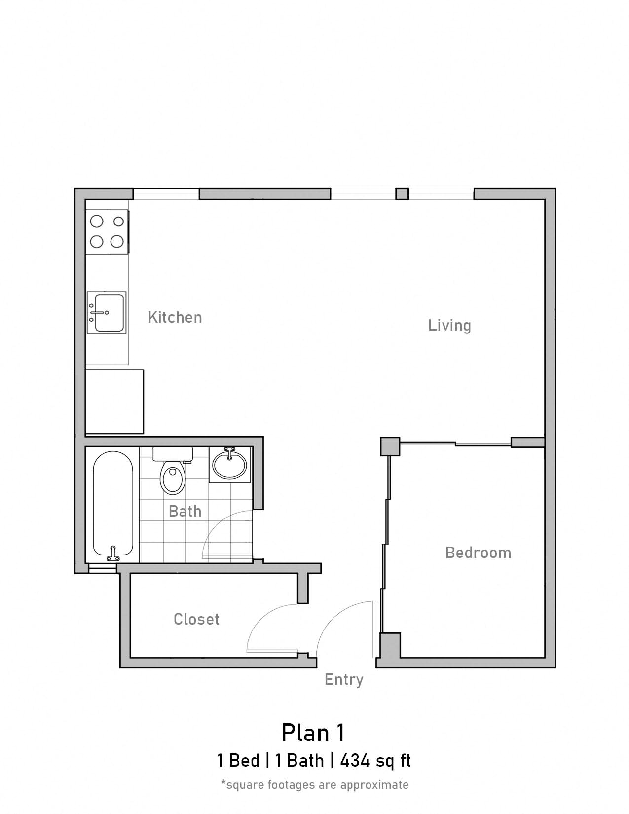 Floor plan for 1 bed, 1 bath, 434 sqft