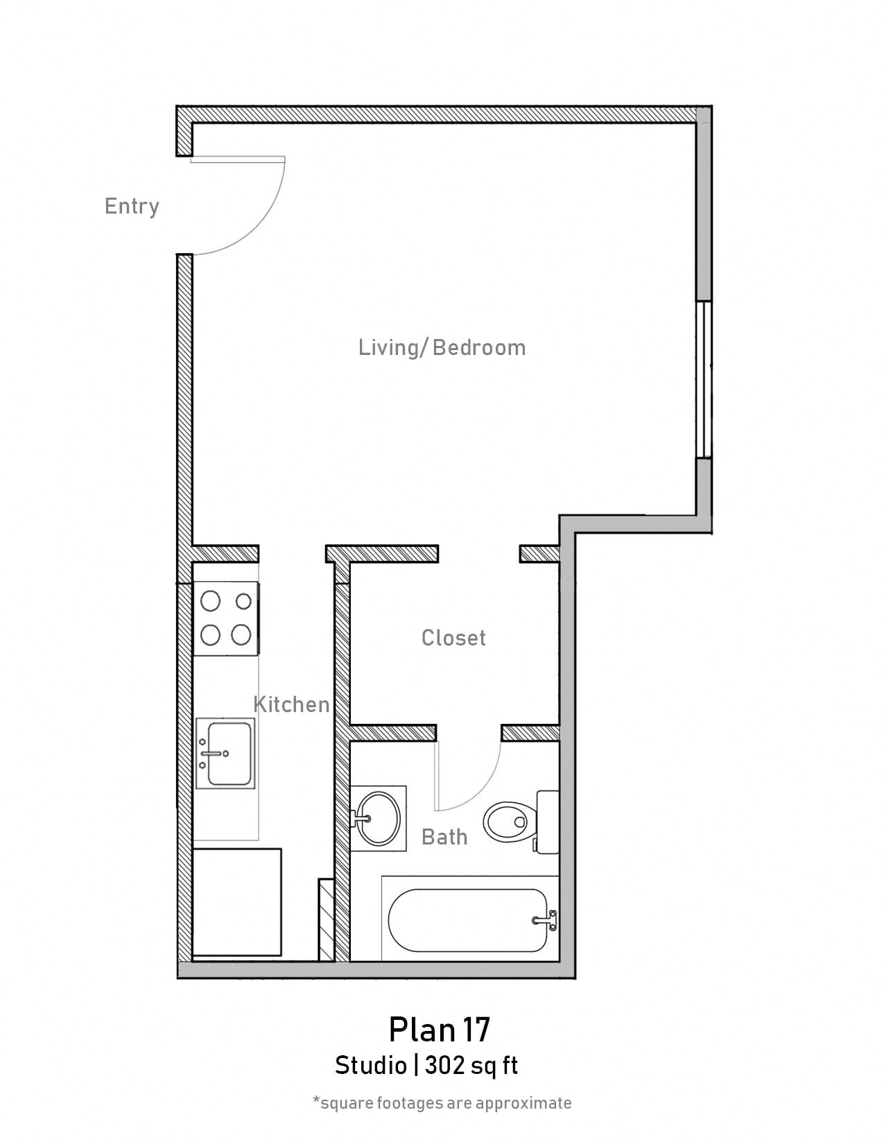 Floor plan for studio, 1 bath, 302 sqft