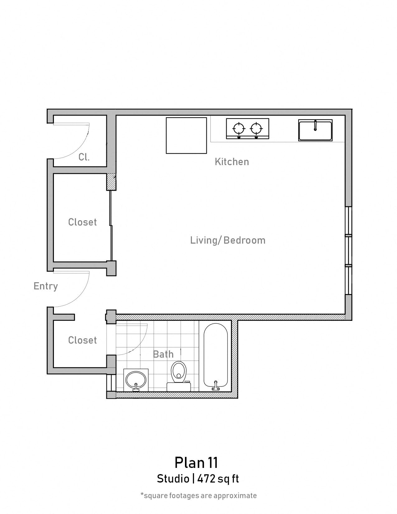 Floor plan for studio, 1 bath, 368 sqft