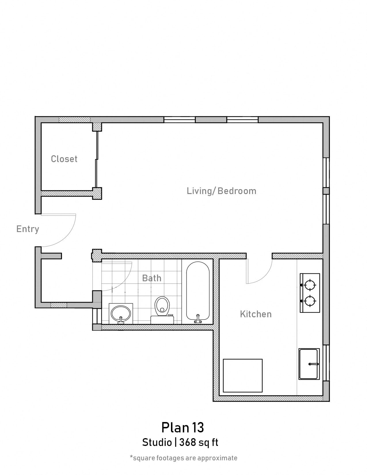 Floor plan for studio, 1 bath, 368 sqft