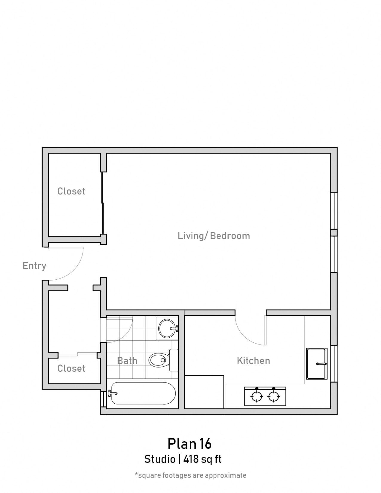 Floor plan for studio, 1 bath, 418 sqft