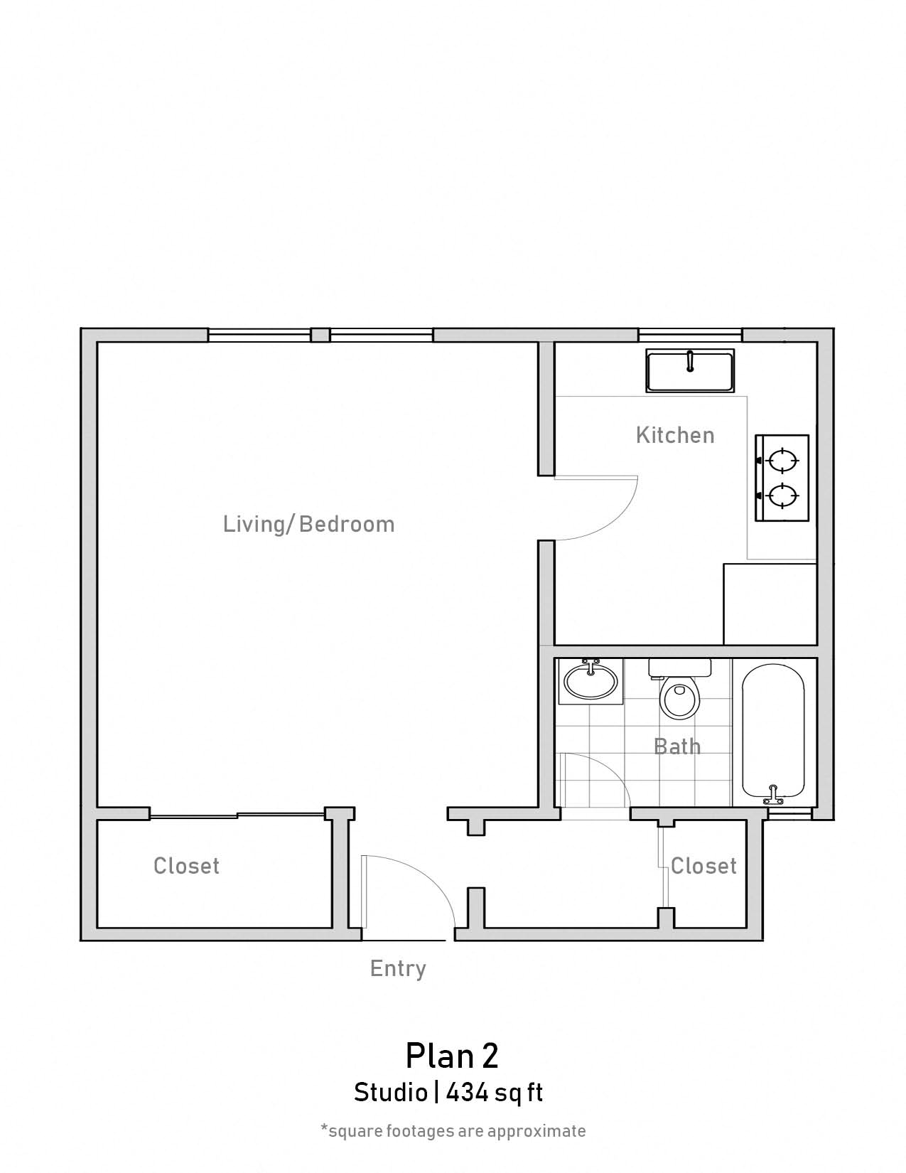 Floor plan for studio, 1 bath, 434 sqft