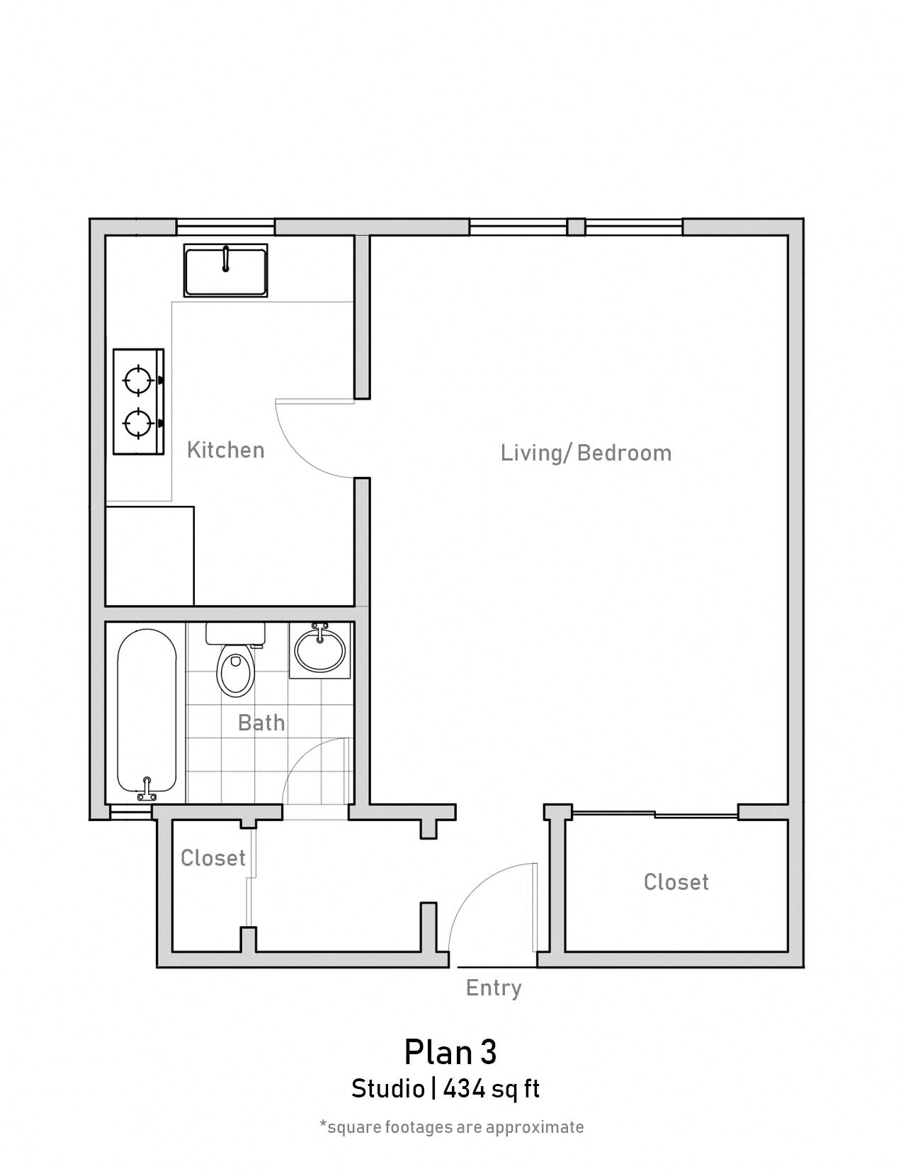 Floor plan for studio, 1 bath, 434 sqft
