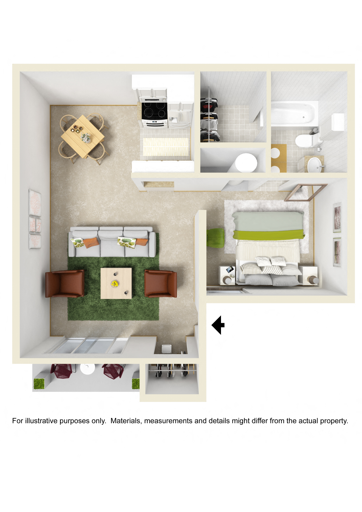 Floor plan for studio, 1 bath, 500 sqft