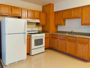 Rochester apartment for rent - a kitchen with white appliances and wooden cabinets