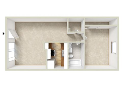 Floor plan for 1 bed, 1 bath, 570 sqft