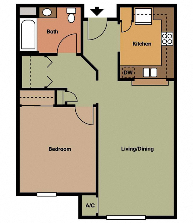 Floor plan for 1 bed, 1 bath, 859 sqft