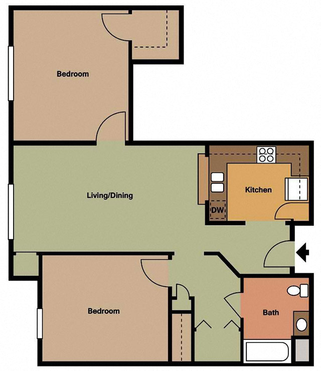 Floor plan for 2 beds, 2 baths, 1054 sqft