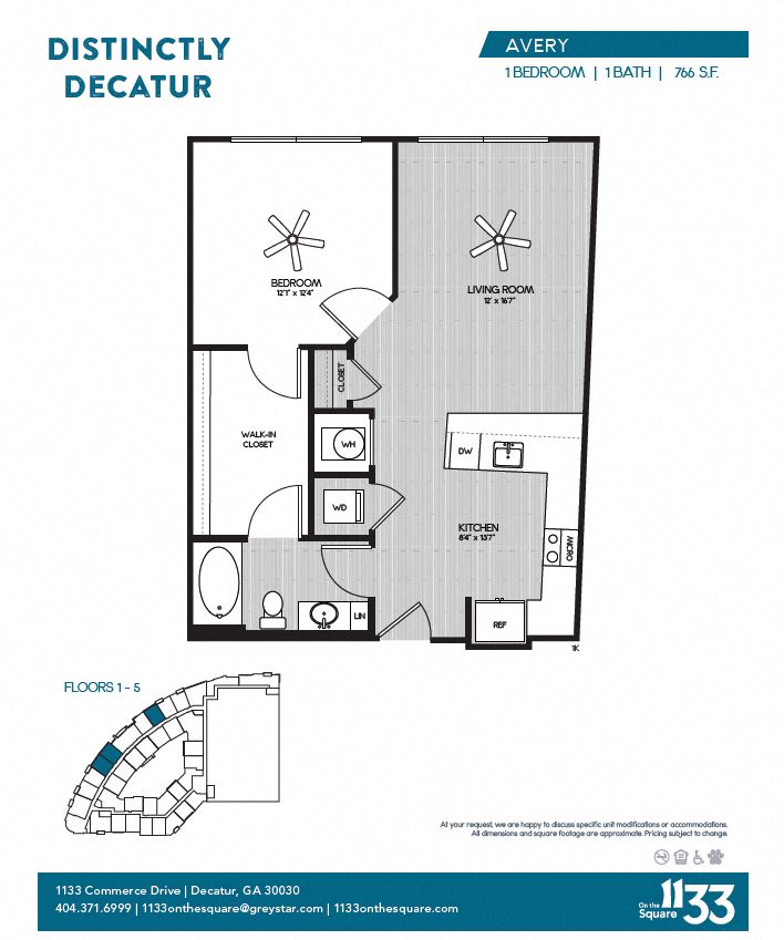Floor plan for 1 bed, 1 bath, 766 sqft