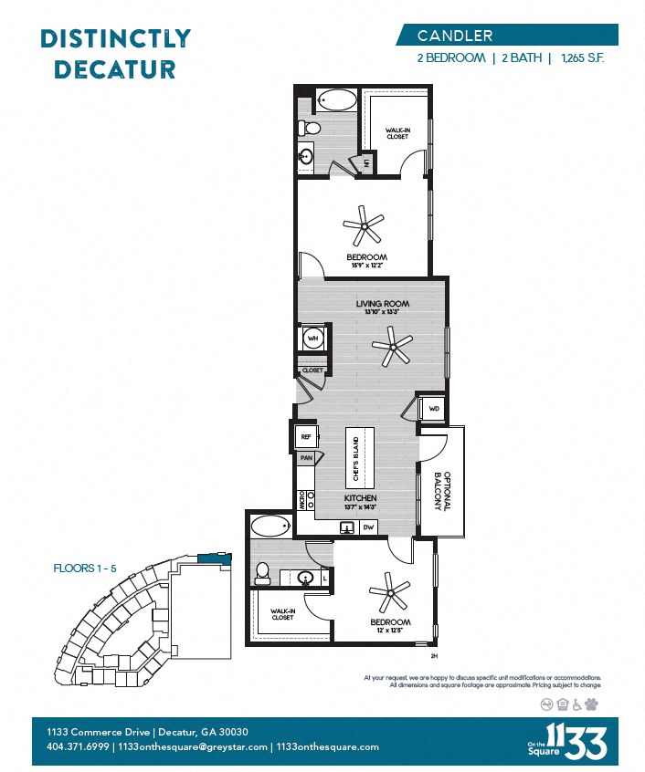 Floor plan for 2 beds, 2 baths, 1267 sqft