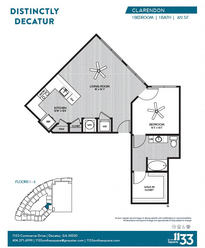 Floor plan for 1 bed, 1 bath, 872 sqft