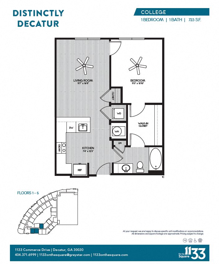 Floor plan for 1 bed, 1 bath, 723 sqft