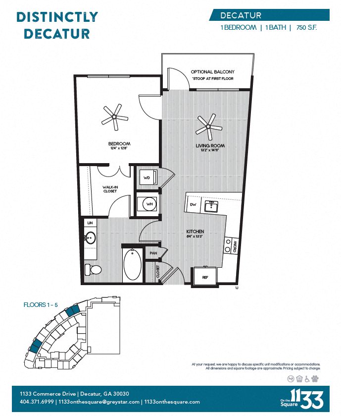 Floor plan for 1 bed, 1 bath, 750 sqft