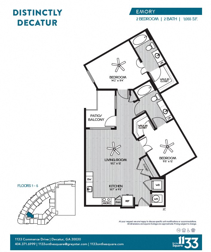 Floor plan for 2 beds, 2 baths, 1055 sqft