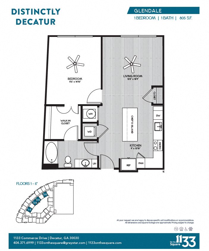 Floor plan for 1 bed, 1 bath, 805 sqft