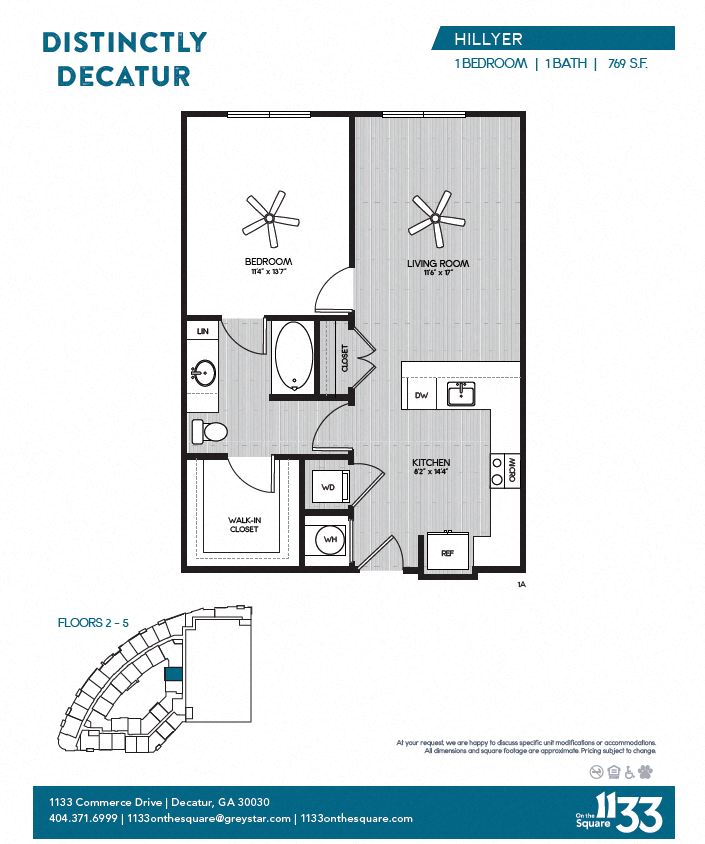 Floor plan for 1 bed, 1 bath, 769 sqft