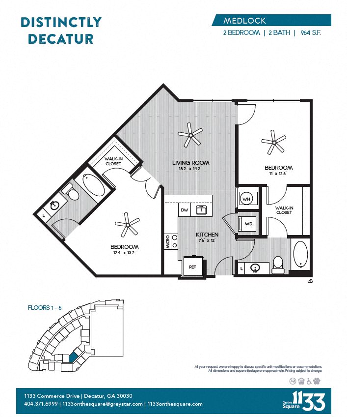Floor plan for 2 beds, 2 baths, 964 sqft