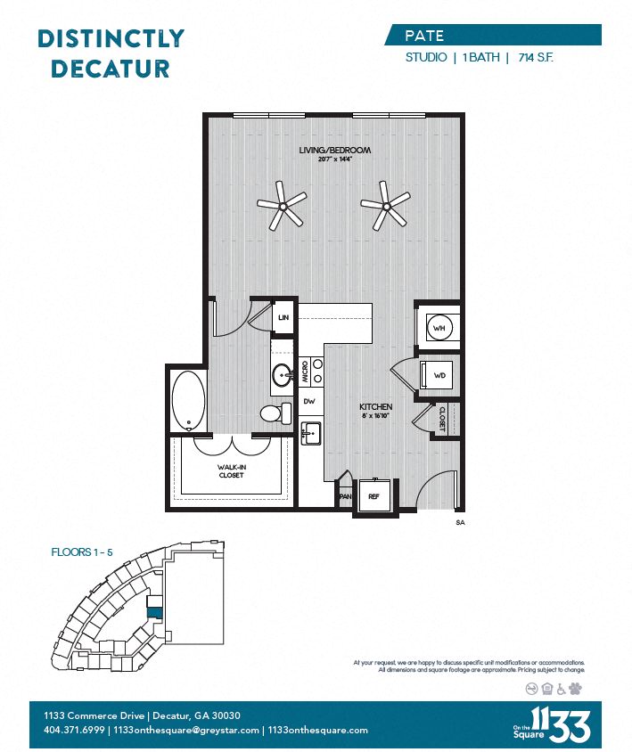 Floor plan for studio, 1 bath, 714 sqft