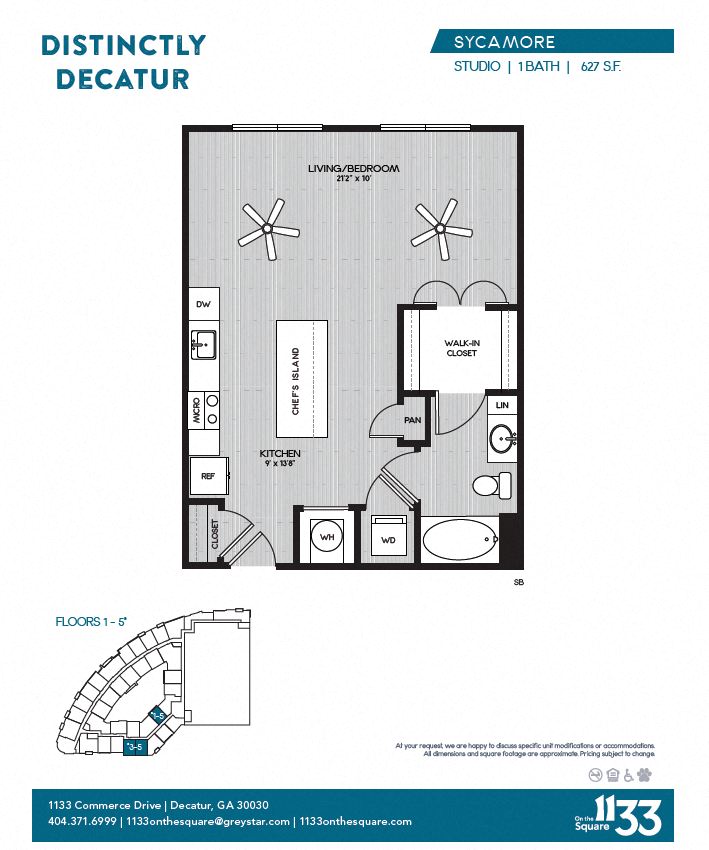 Floor plan for studio, 1 bath, 627 sqft