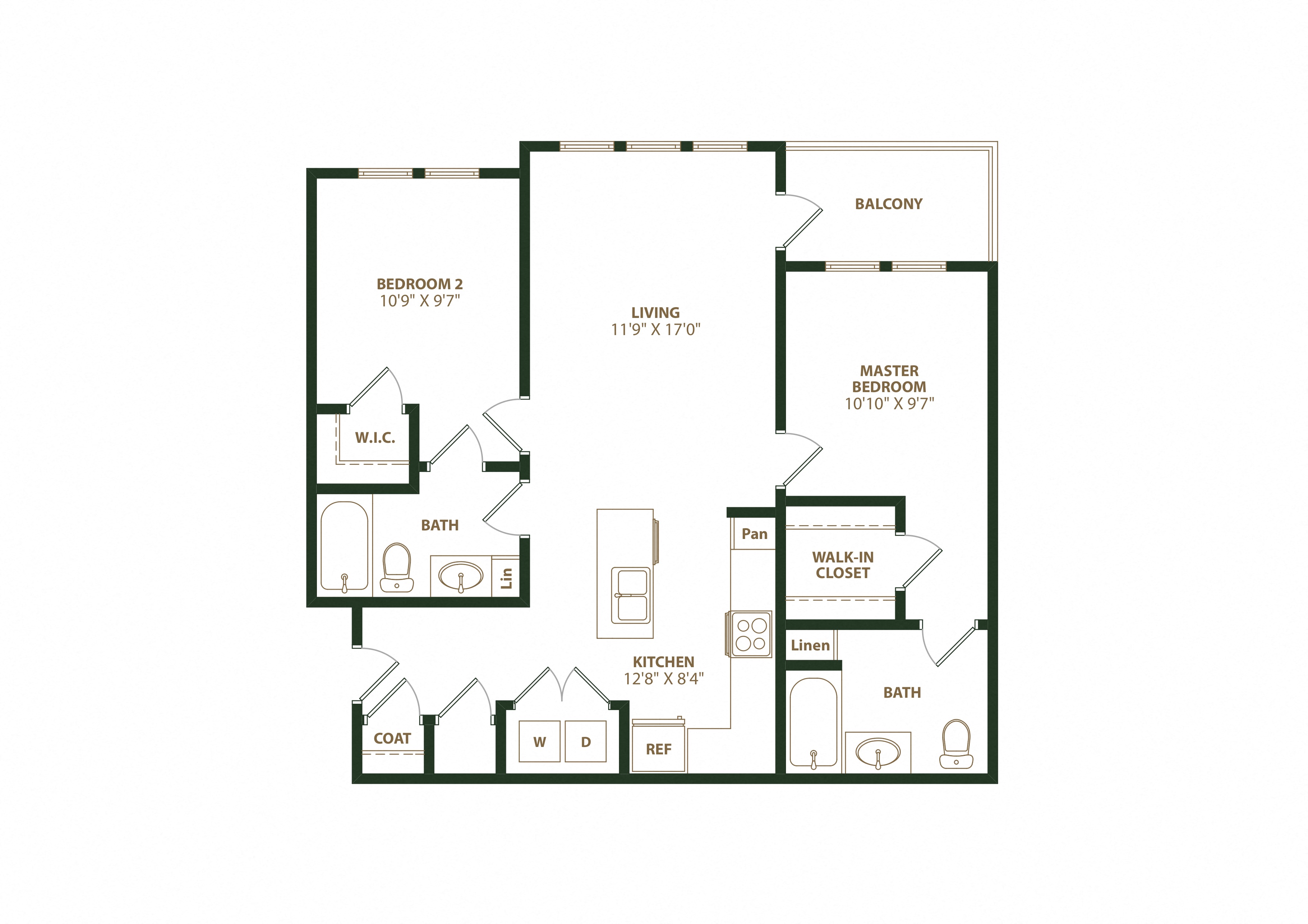 Floor plan for 2 beds, 2 baths, 922 sqft