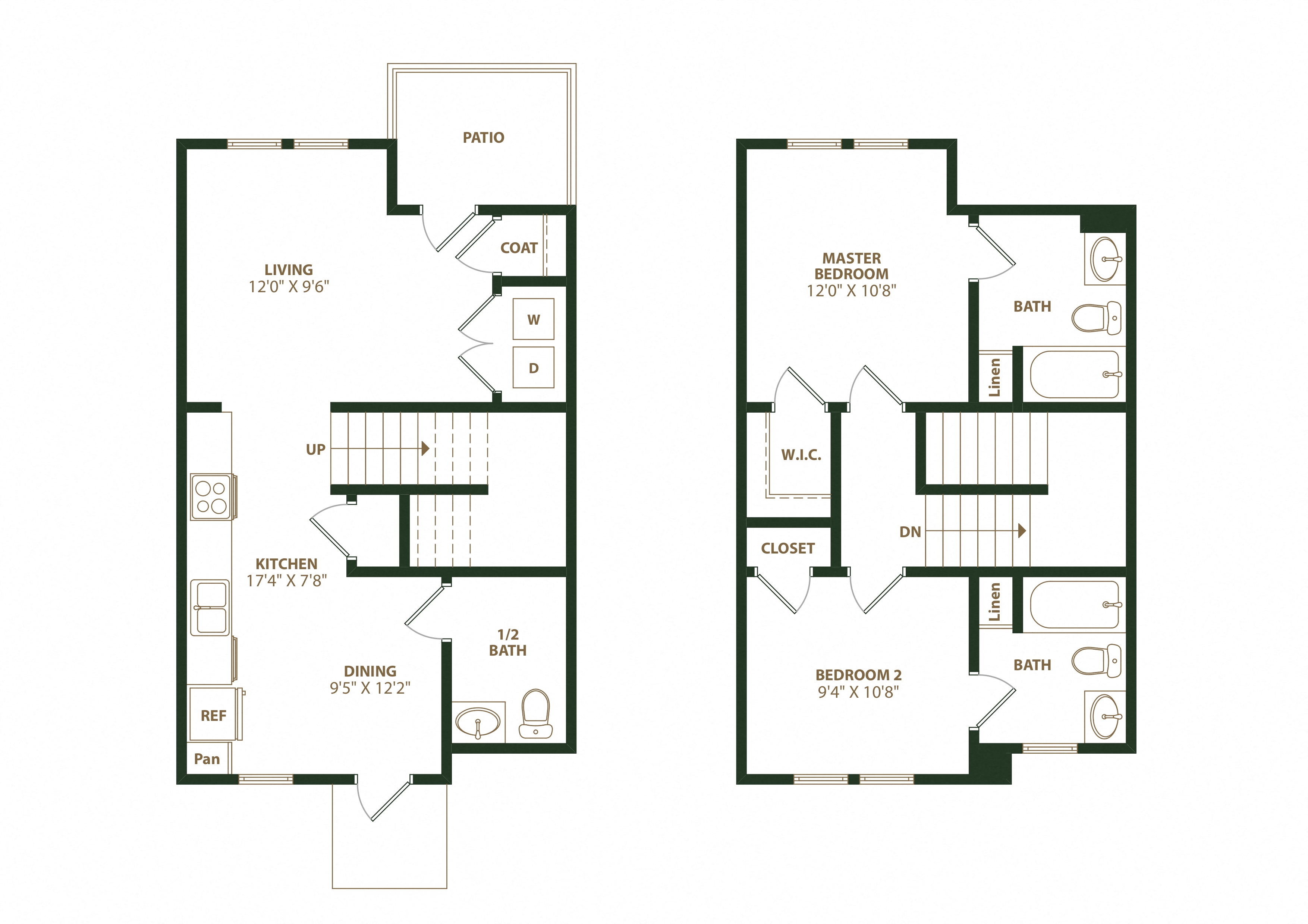 Floor plan for 2 beds, 2.5 baths, 1020 sqft