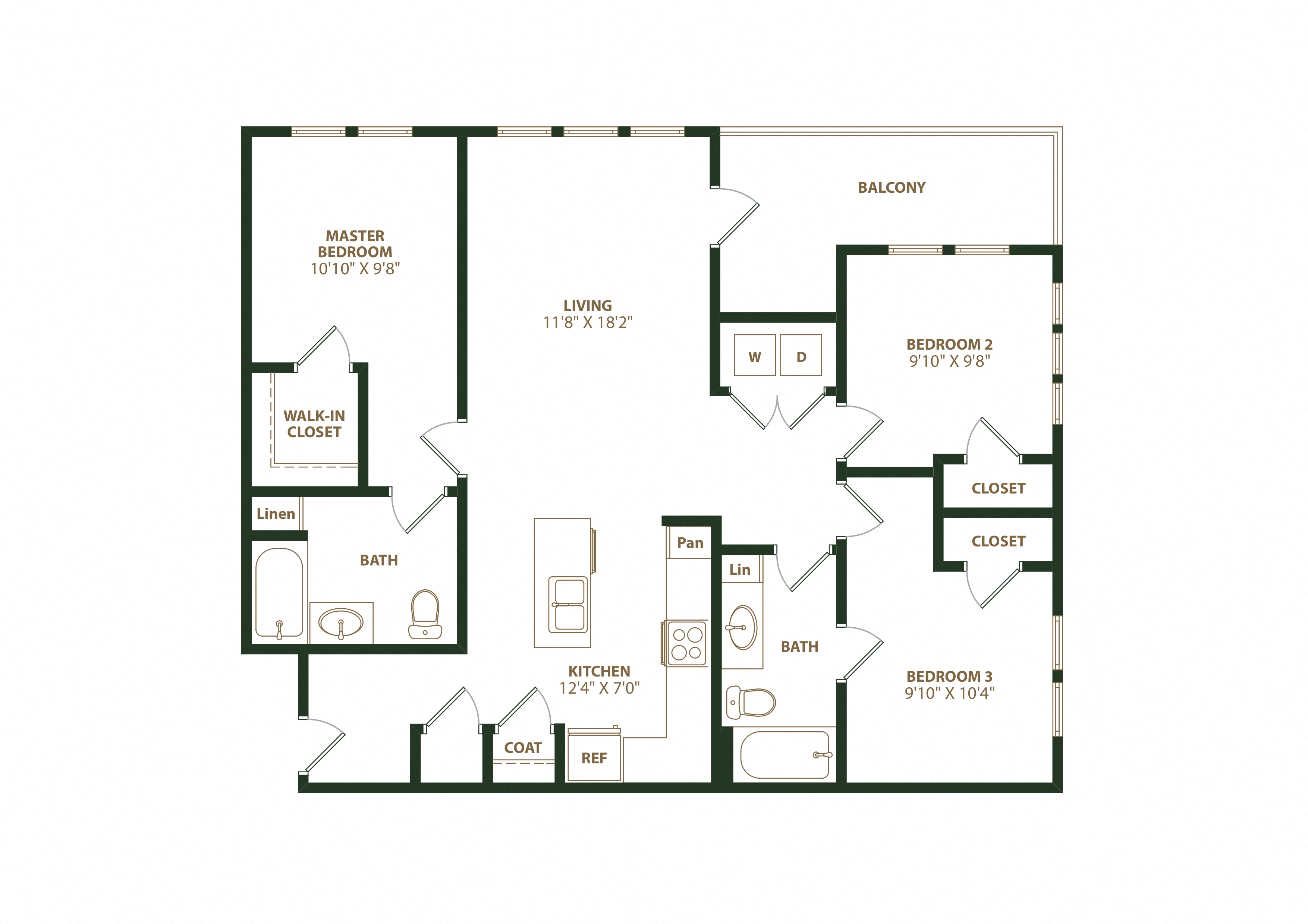 Floor plan for 3 beds, 2 baths, 1097 sqft