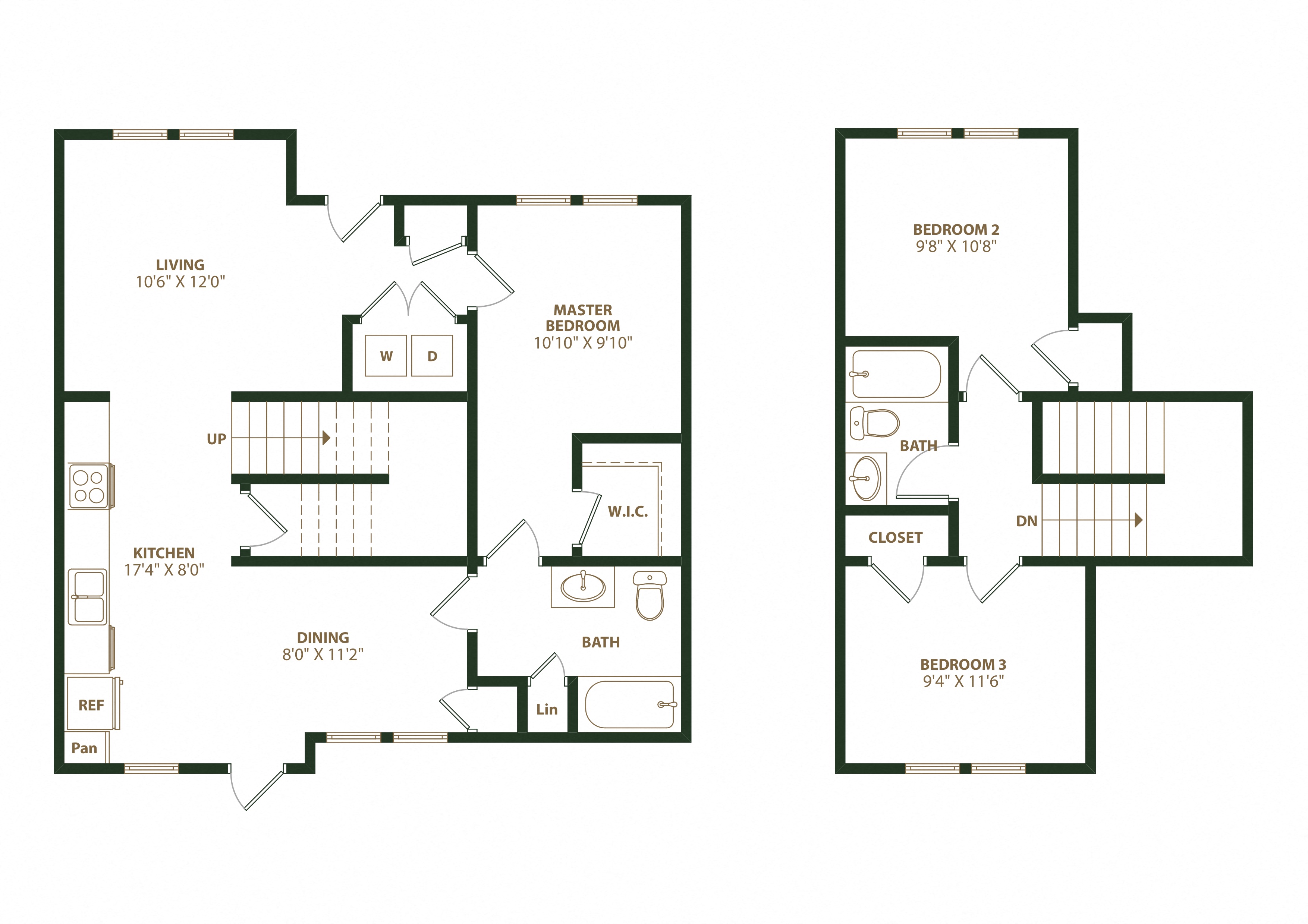 Floor plan for 3 beds, 2 baths, 1209 sqft