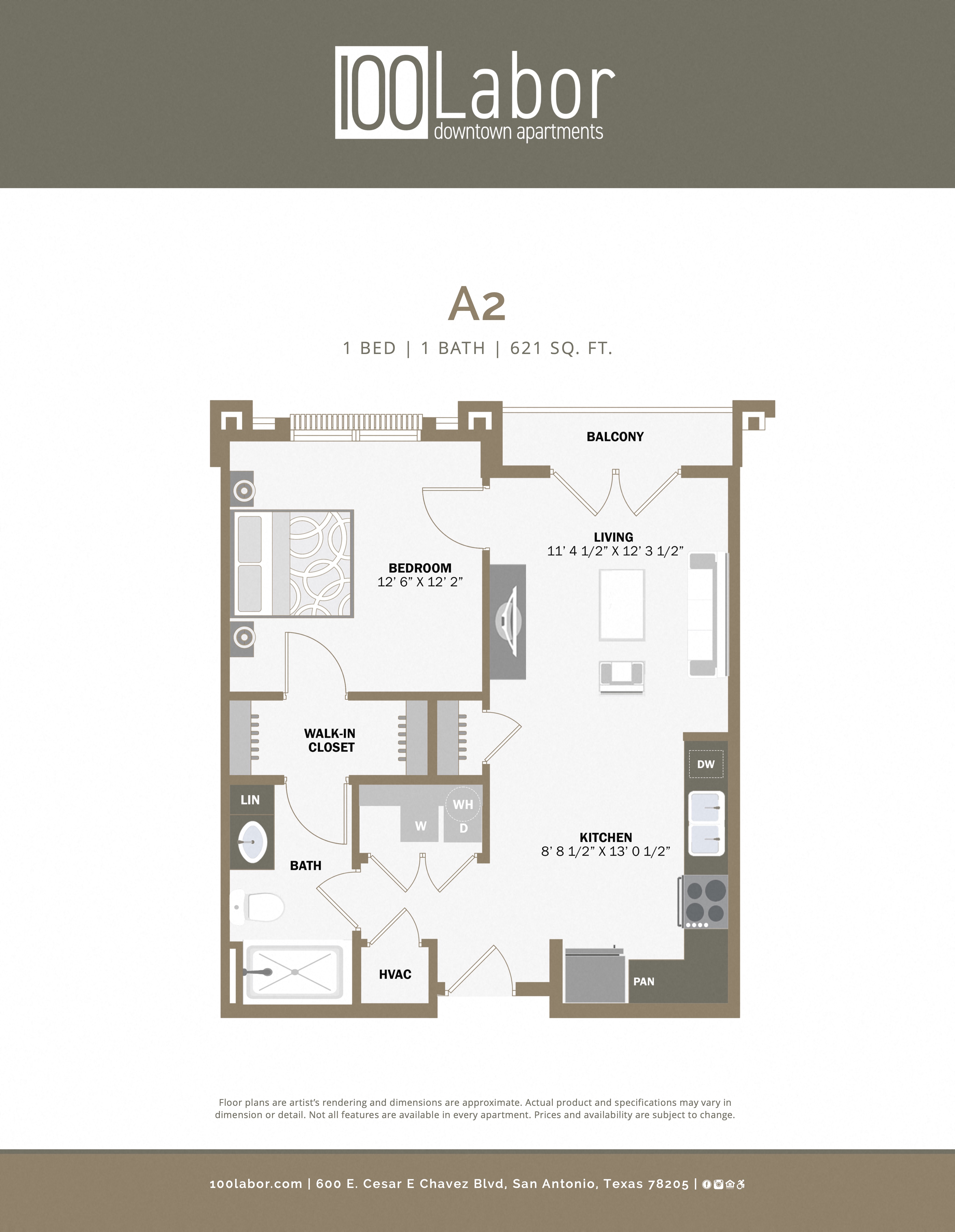 Floor plan for 1 bed, 1 bath, 621 sqft