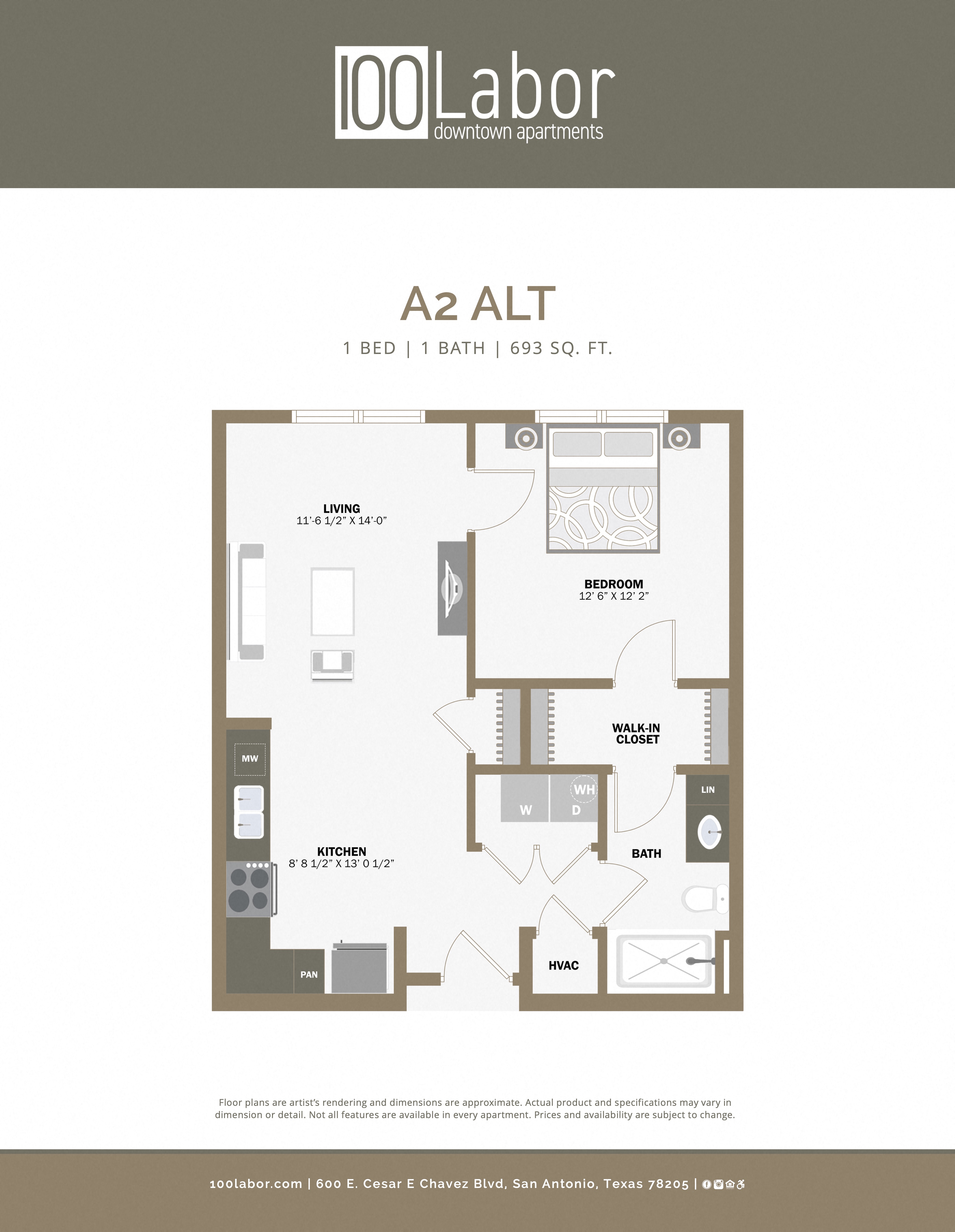 Floor plan for 1 bed, 1 bath, 693 sqft