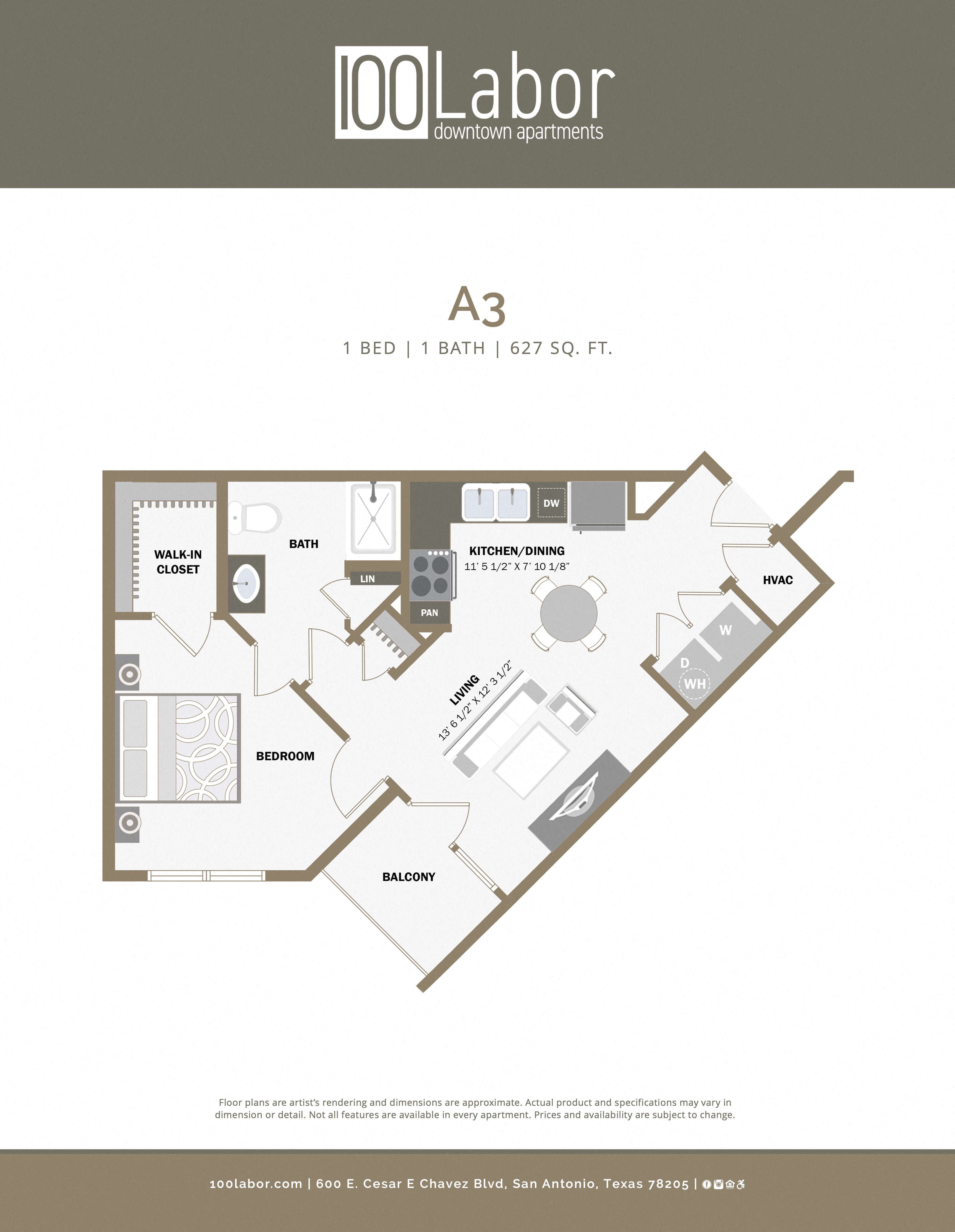 Floor plan for 1 bed, 1 bath, 627 sqft