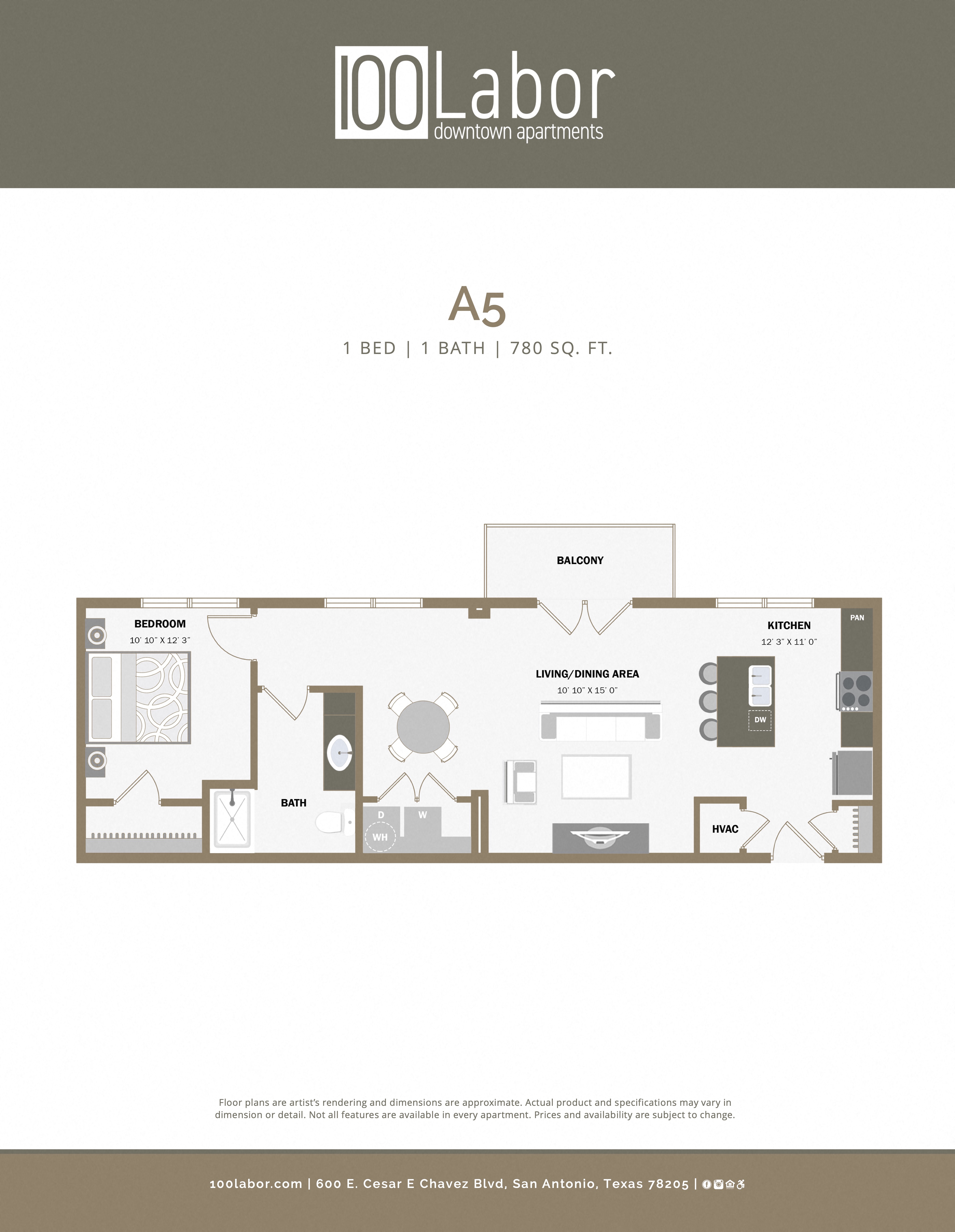 Floor plan for 1 bed, 1 bath, 780 sqft