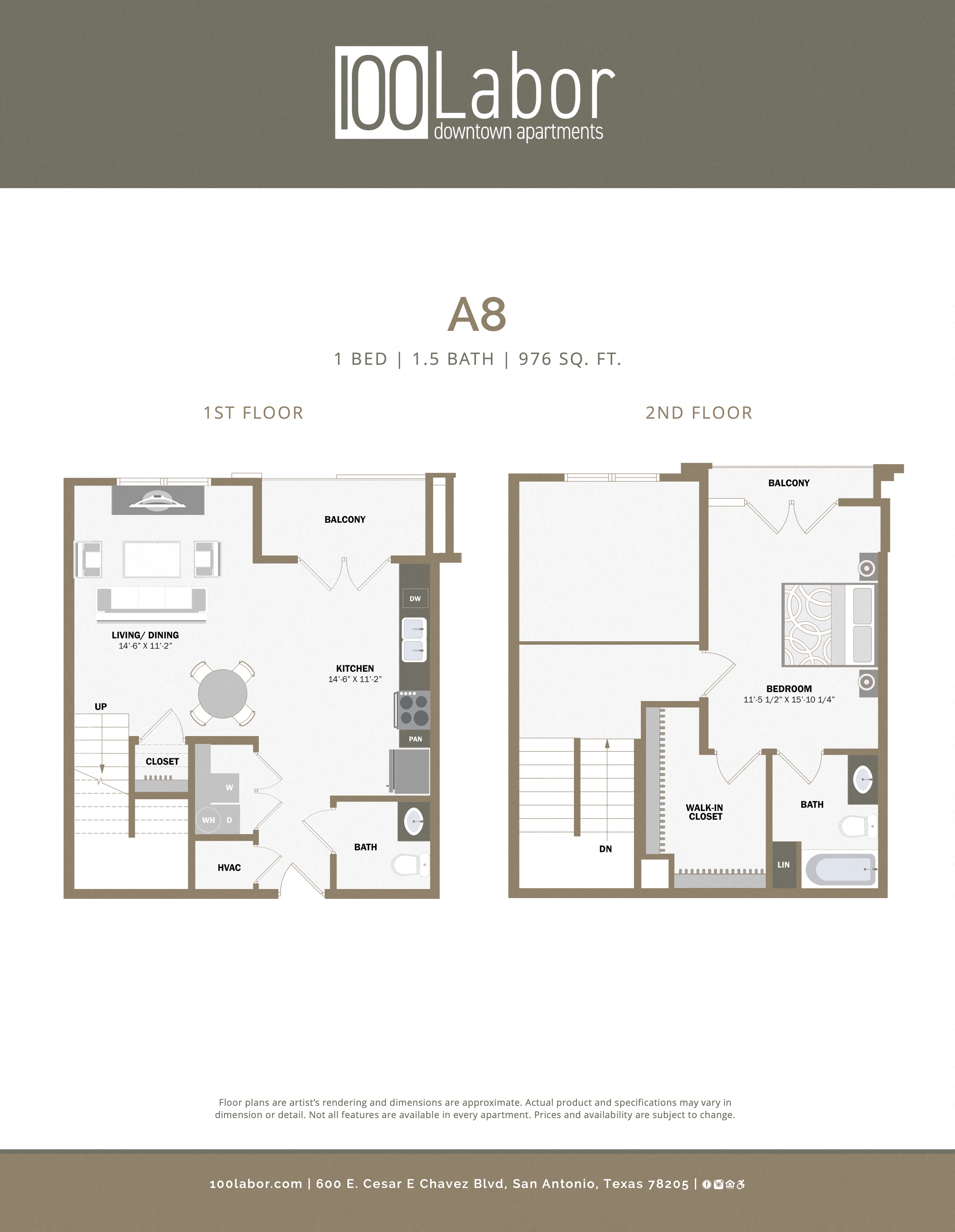 Floor plan for 1 bed, 1.5 baths, 1066 sqft