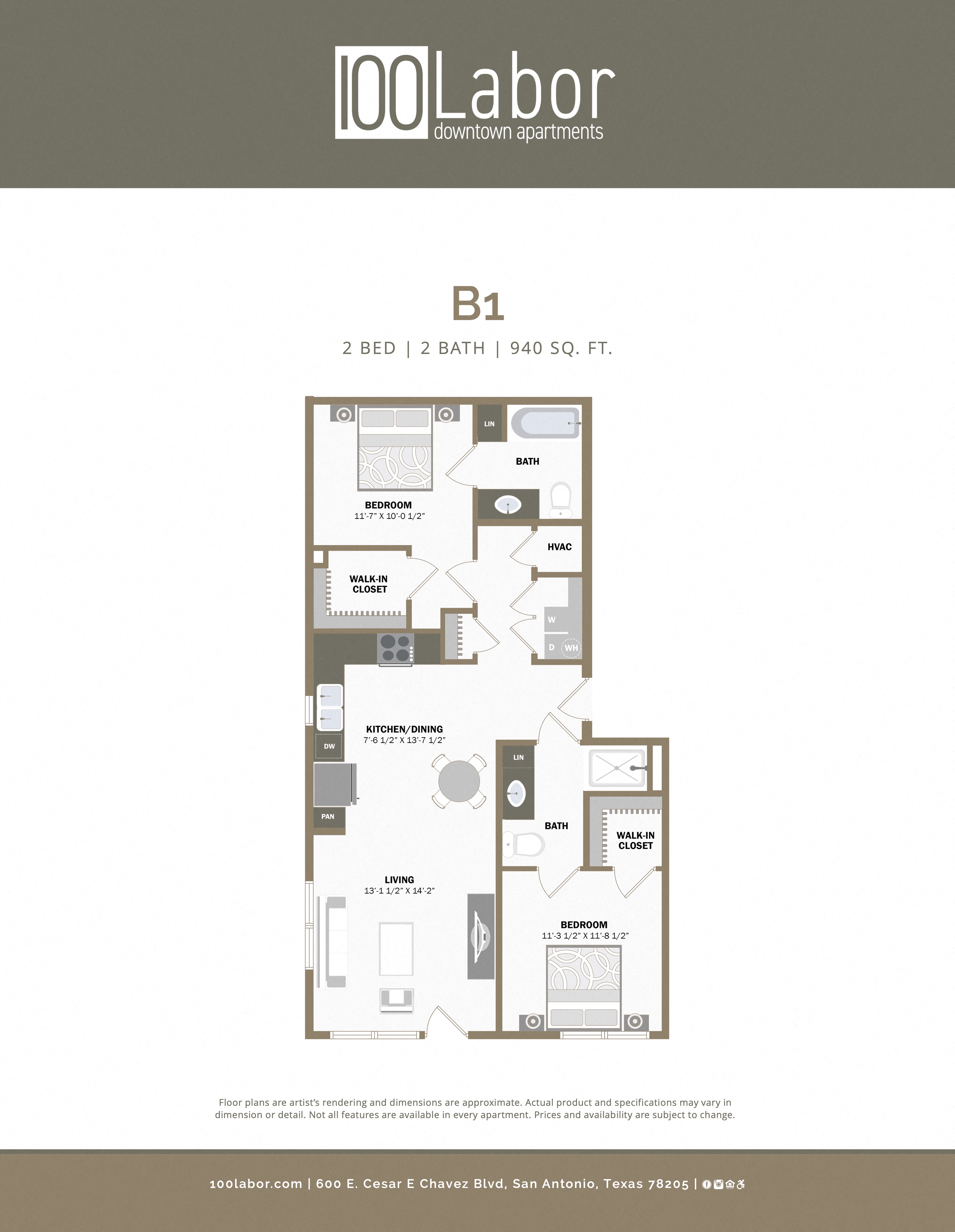 Floor plan for 2 beds, 2 baths, 940 sqft
