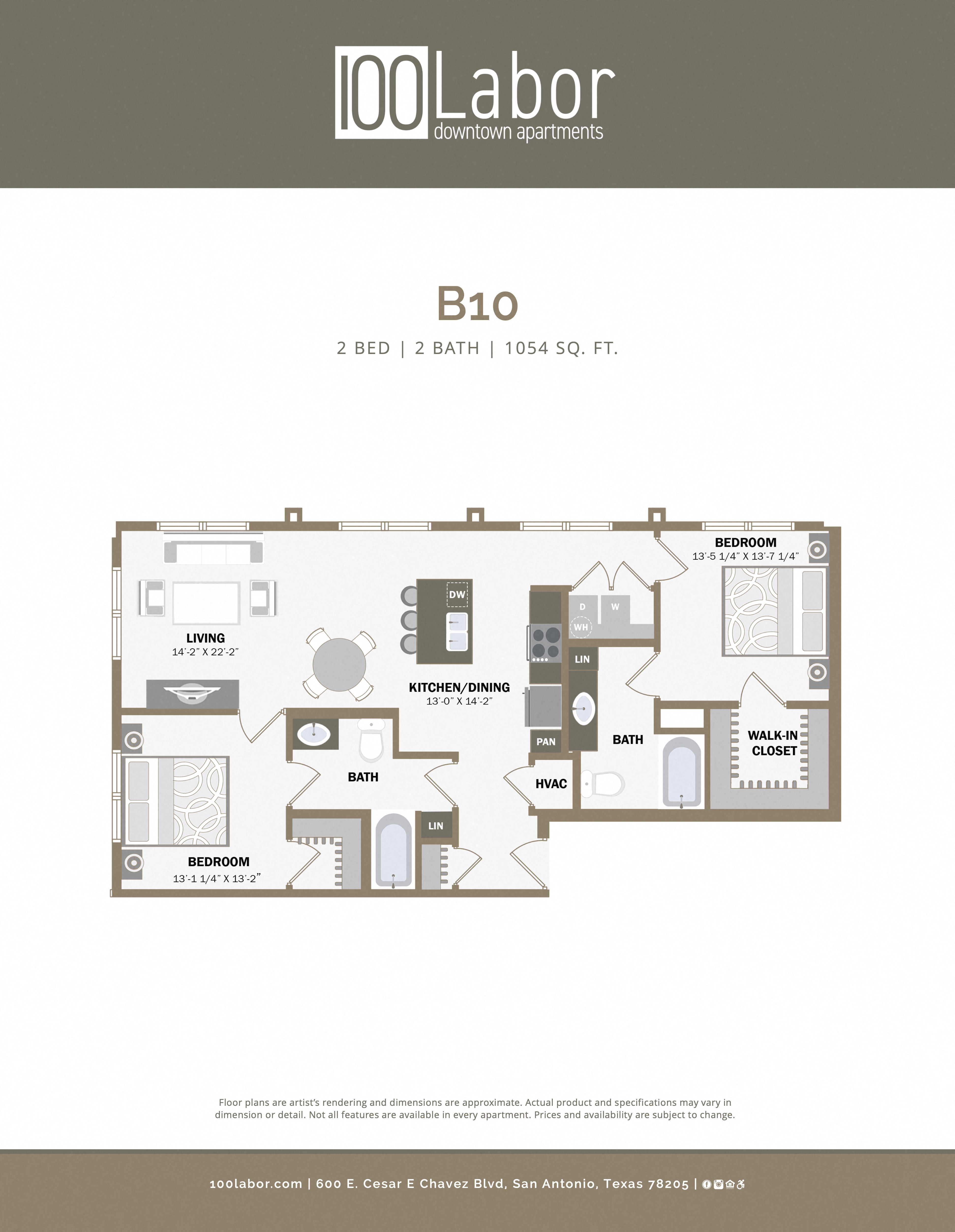 Floor plan for 2 beds, 2 baths, 1054 sqft