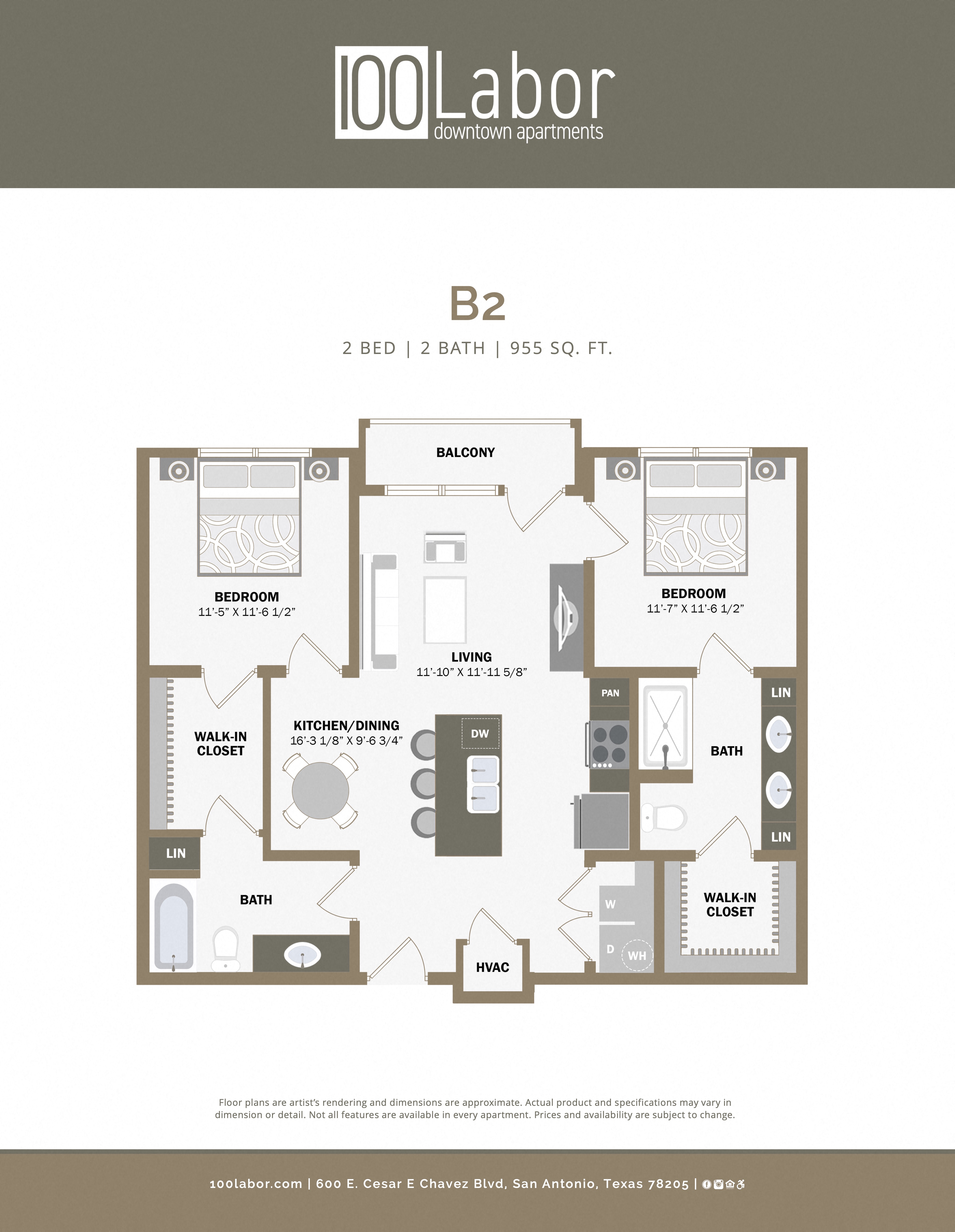 Floor plan for 2 beds, 2 baths, 955 sqft