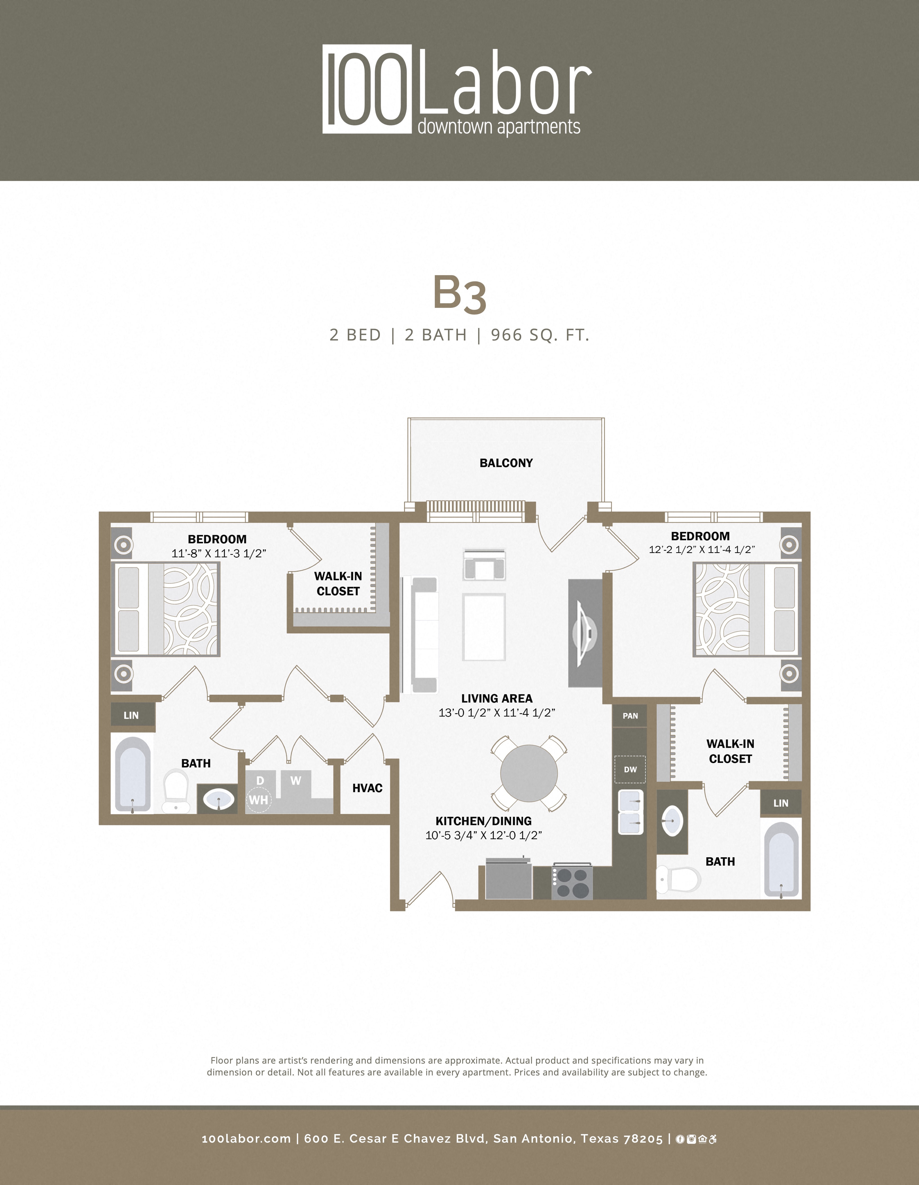 Floor plan for 2 beds, 2 baths, 966 sqft