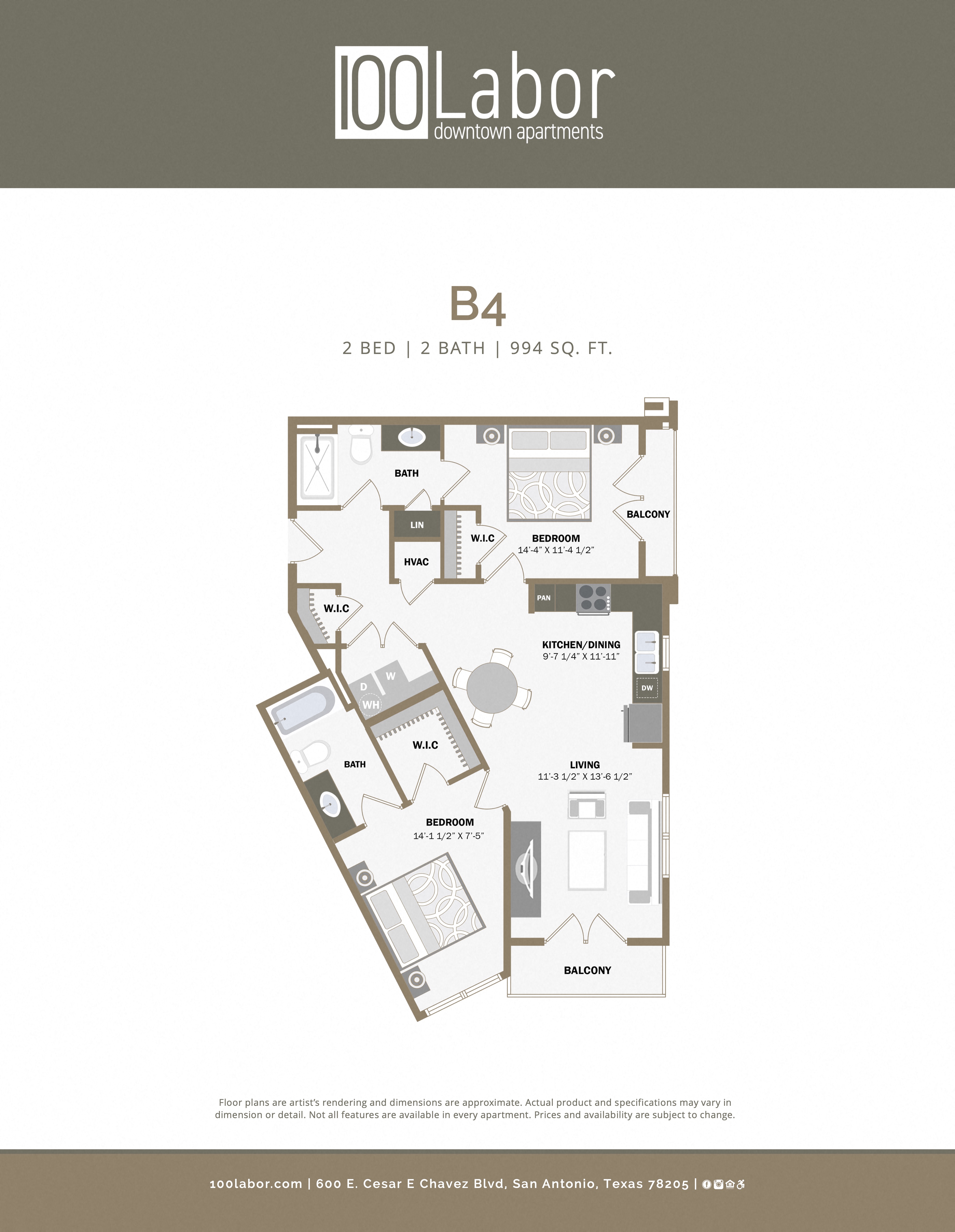 Floor plan for 2 beds, 2 baths, 994 sqft