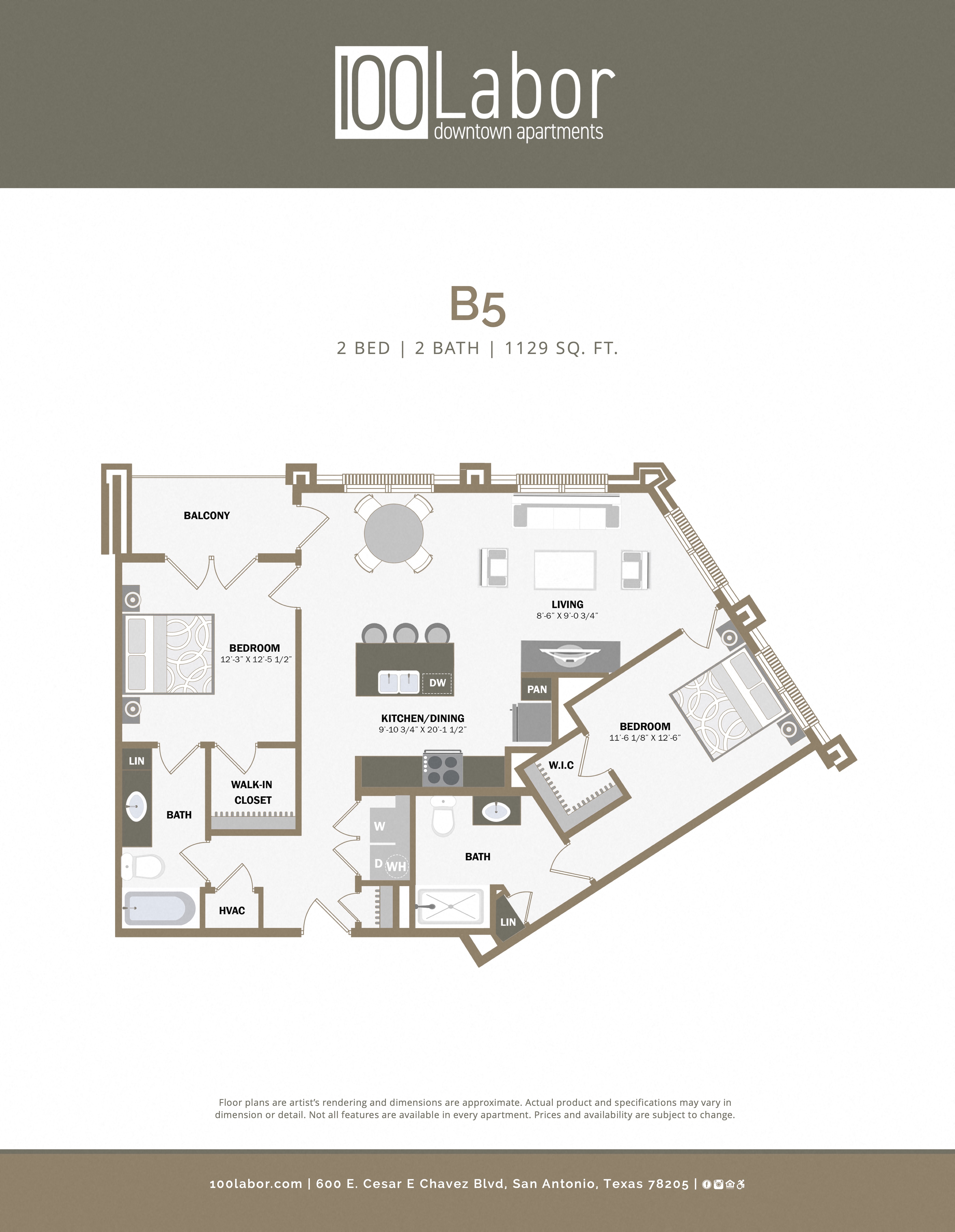 Floor plan for 2 beds, 2 baths, 1129 sqft