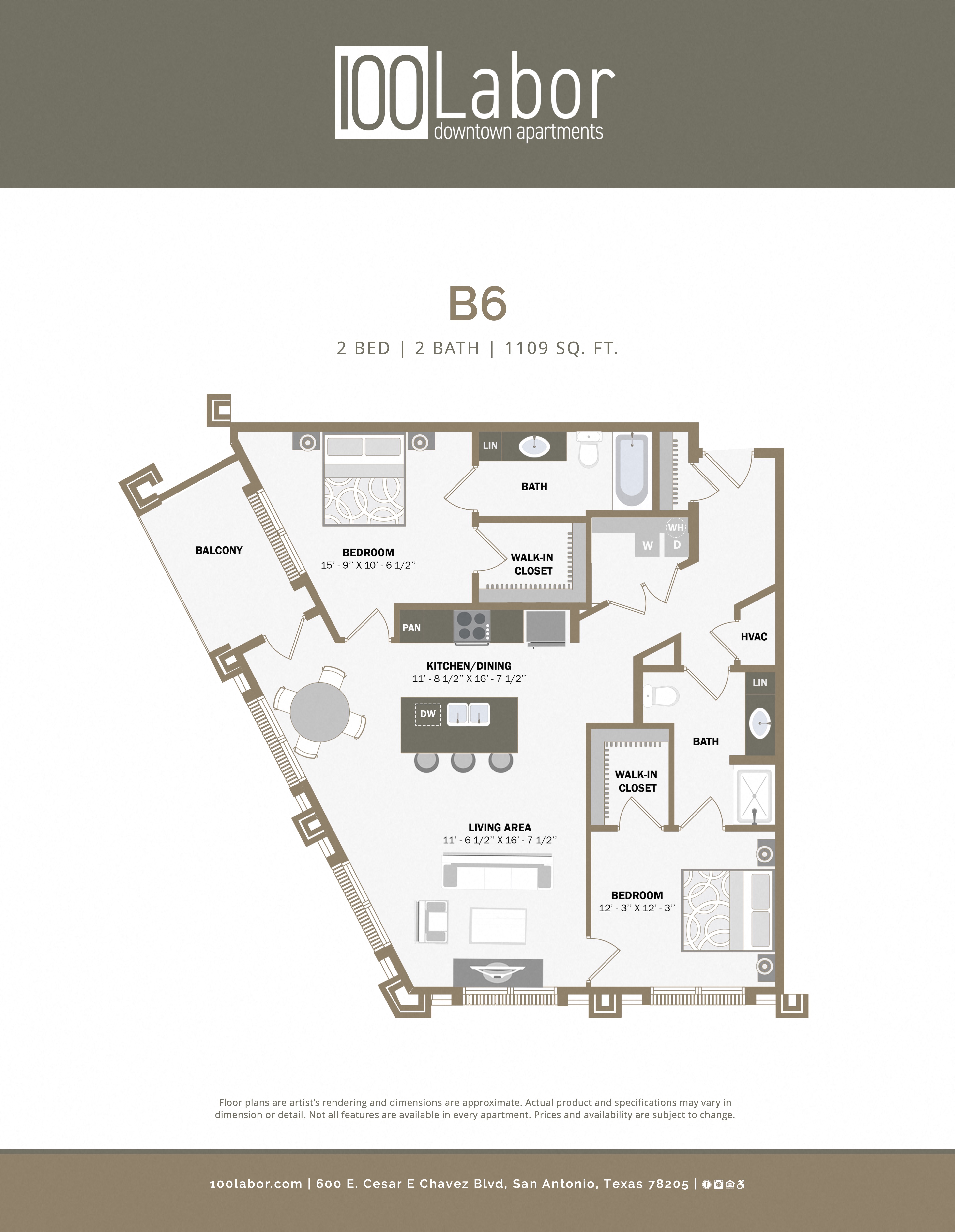 Floor plan for 2 beds, 2 baths, 1109 sqft