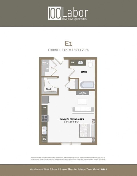 Floor plan for 1 bed, 1 bath, 541 sqft