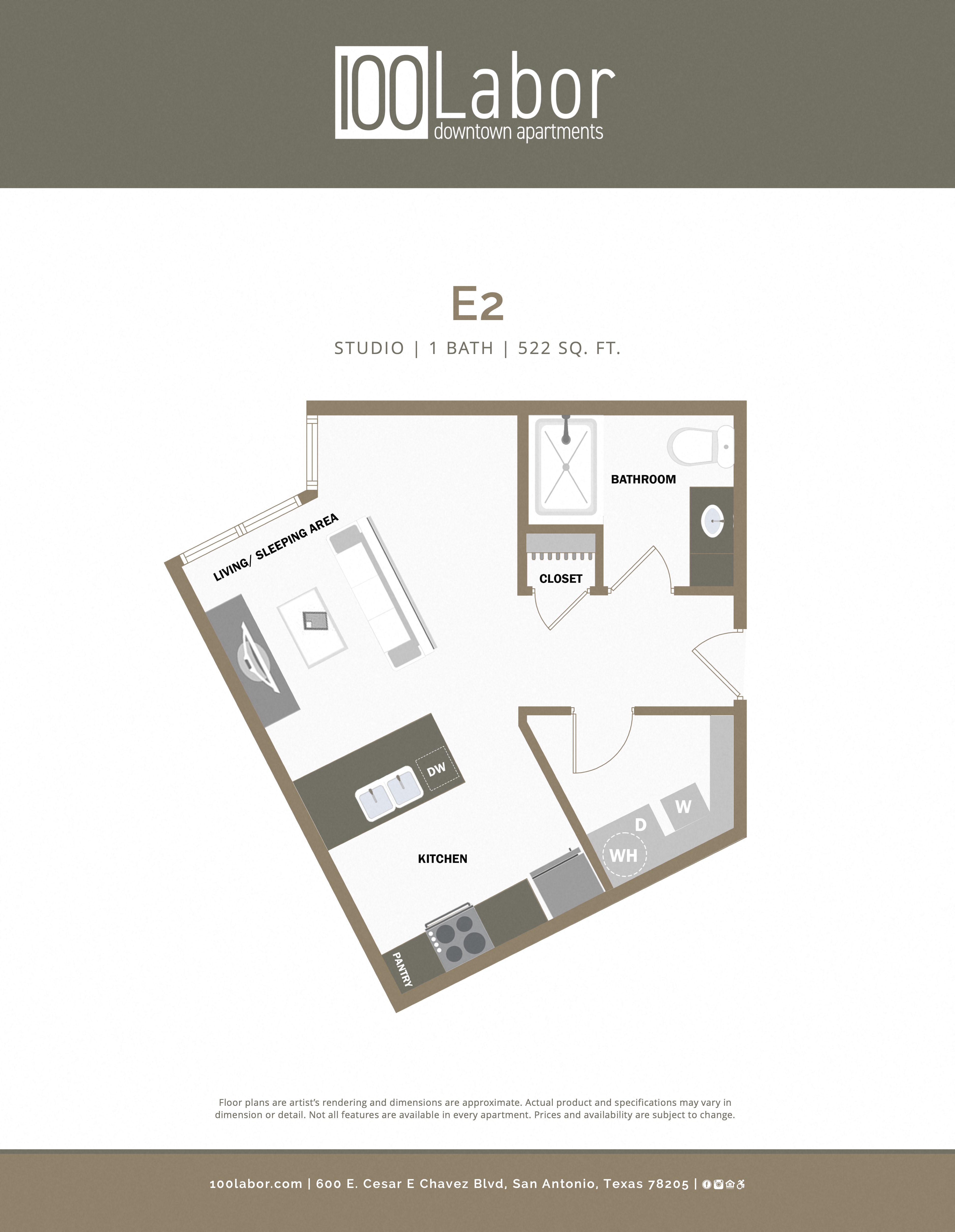 Floor plan for 1 bed, 1 bath, 522 sqft