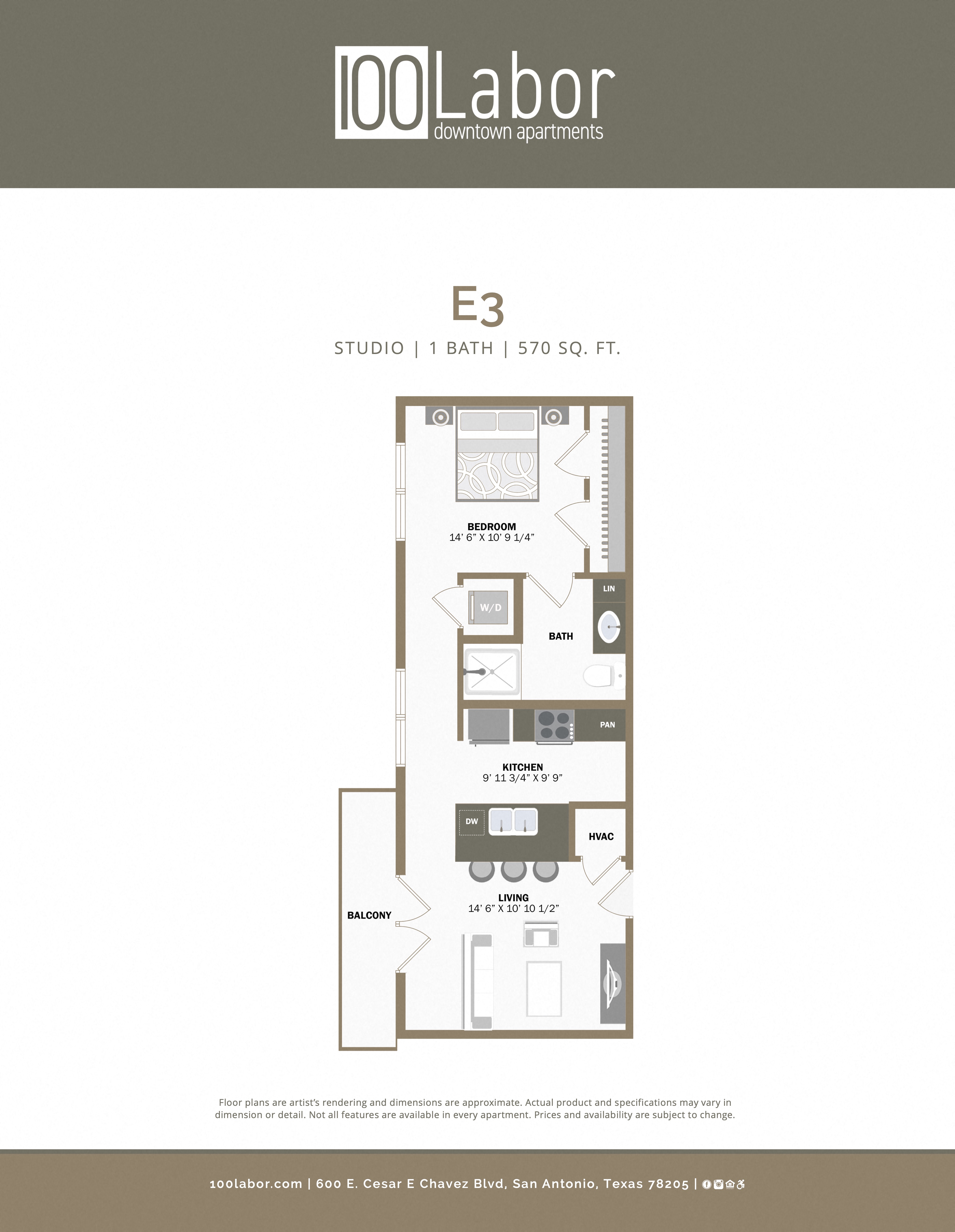 Floor plan for 1 bed, 1 bath, 601 sqft
