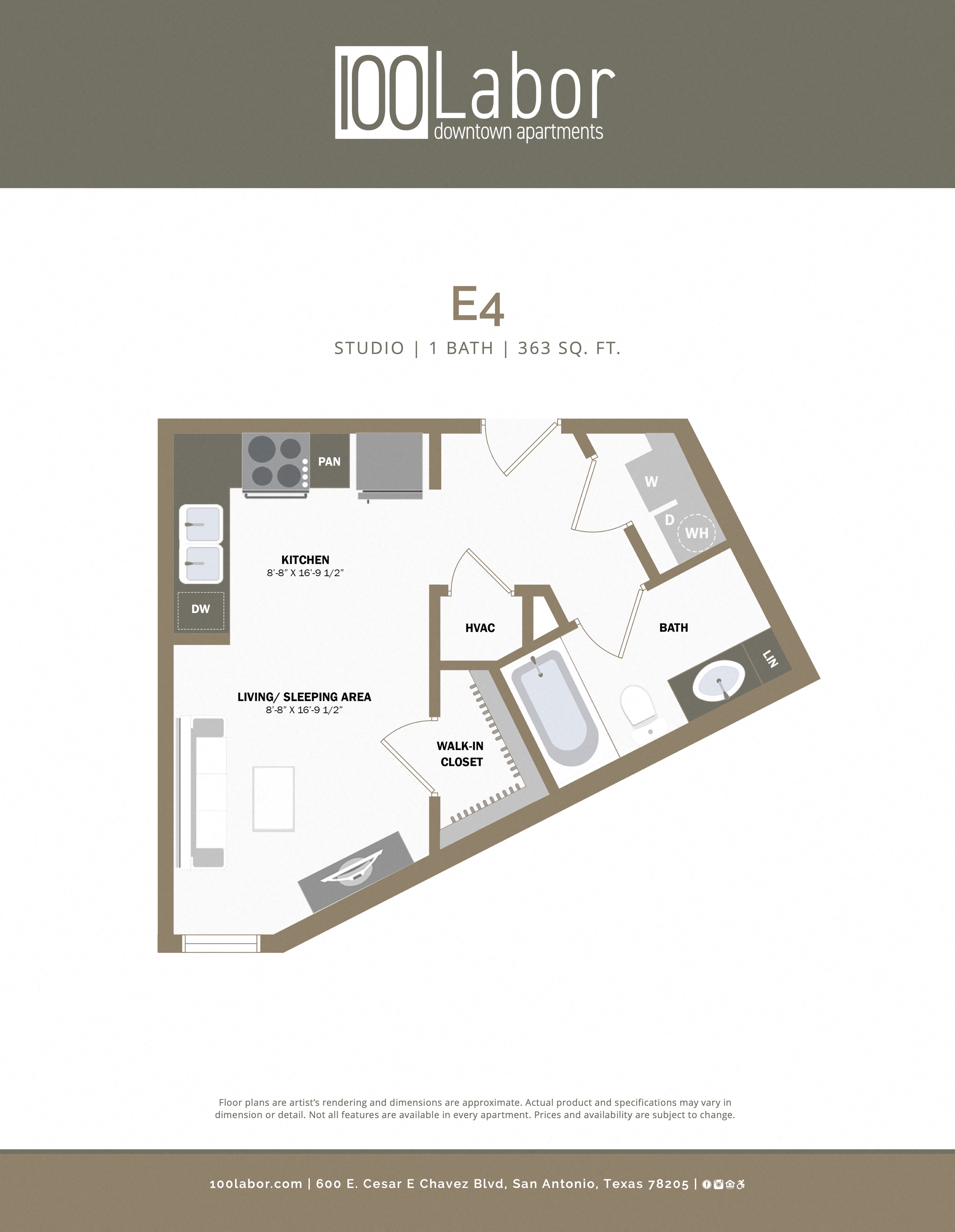 Floor plan for 1 bed, 1 bath, 363 sqft
