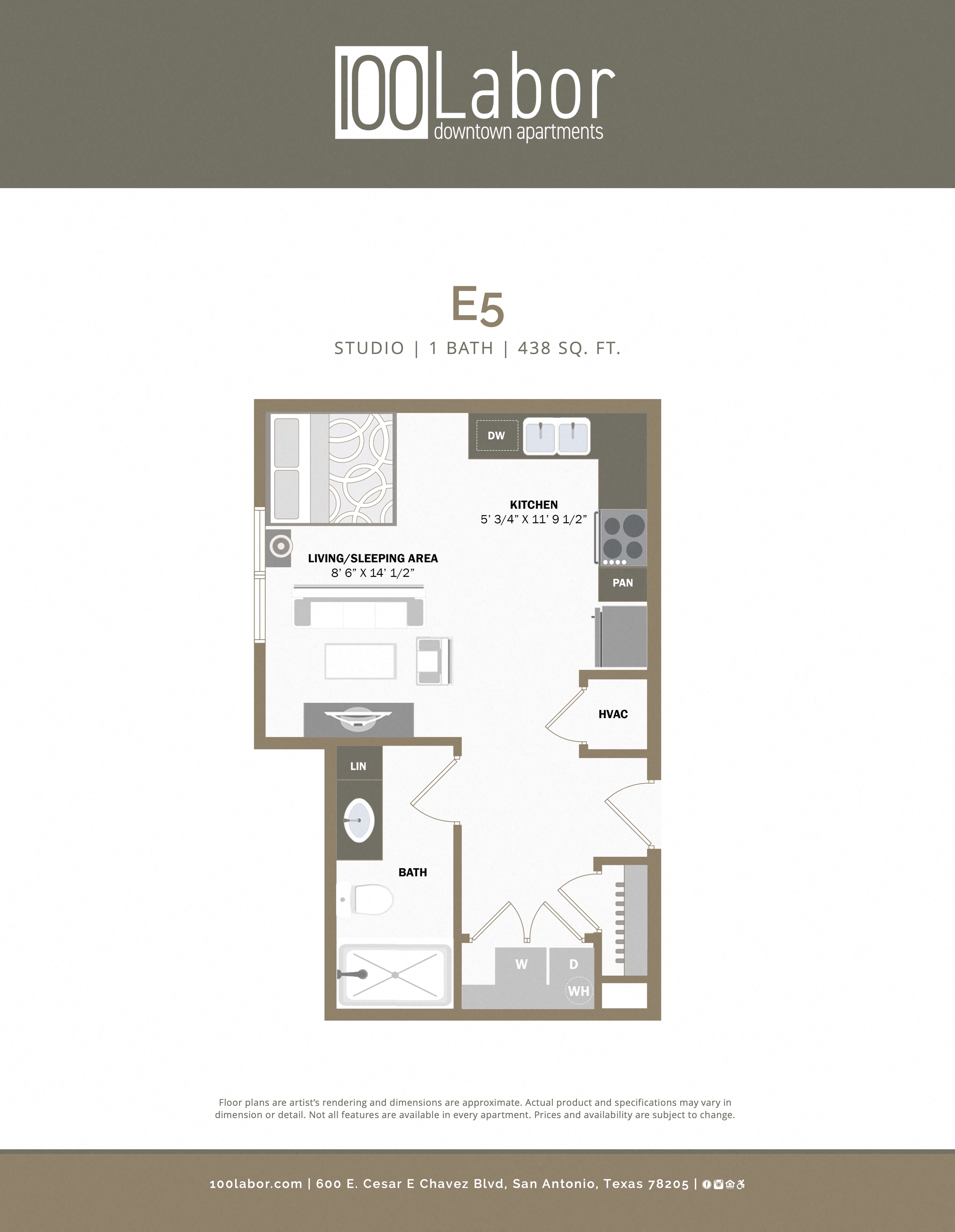Floor plan for 1 bed, 1 bath, 438 sqft