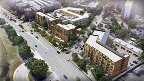 San Antonio apartment for rent - an aerial view of a city street with buildings and cars